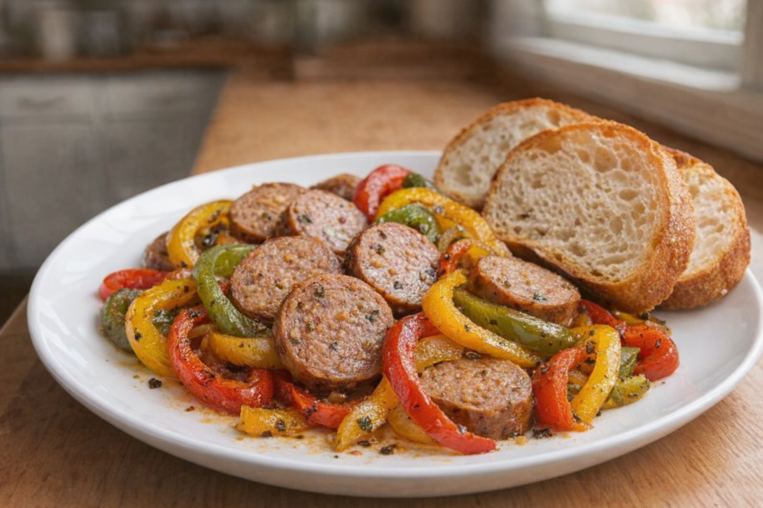 A plated dish of sliced Italian sausage and sautéed bell peppers served on a white plate with a side of crusty bread.
